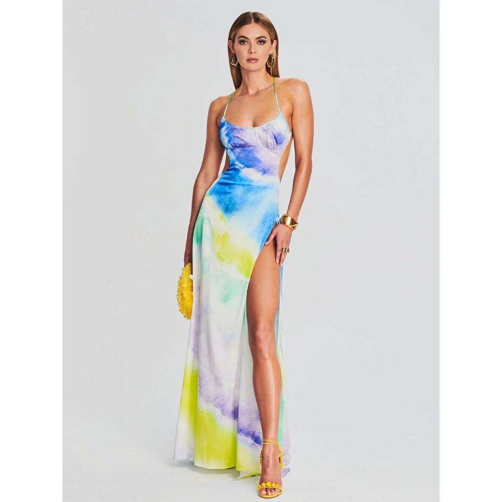 Retrofête Scarlett Silk Maxi Gown Watercolor Wave Tie-Dye Open Back NWOT Large - Picture 2 of 16